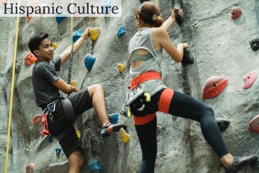 Low angle of calm climbers in sportswear with special equipment and ropes training on climbing wall in gym