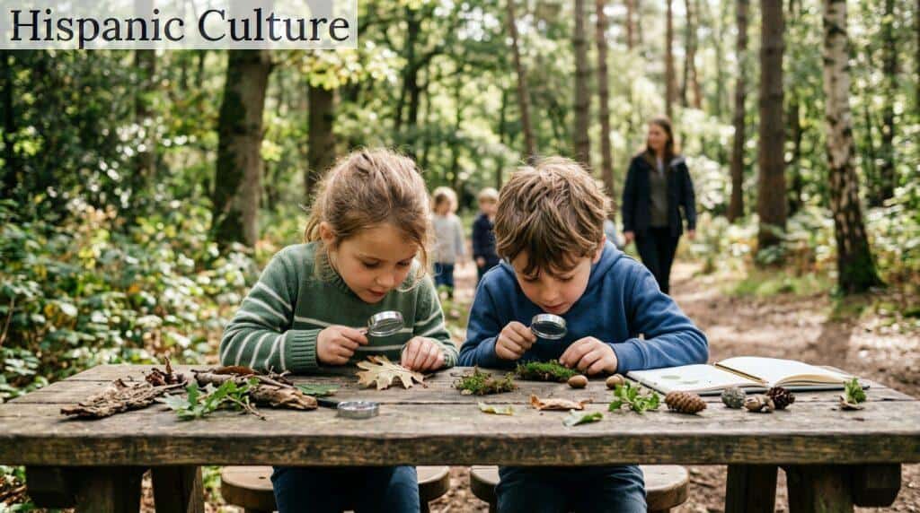 Niños observando elementos naturales durante una actividad escolar