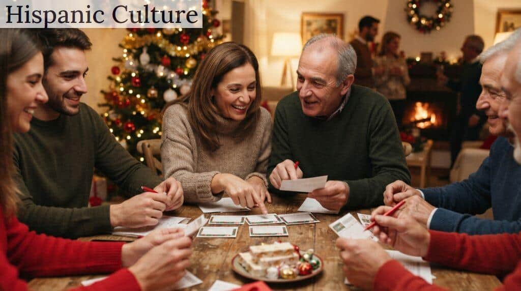 Familiares compartiendo un décimo durante una celebración navideña