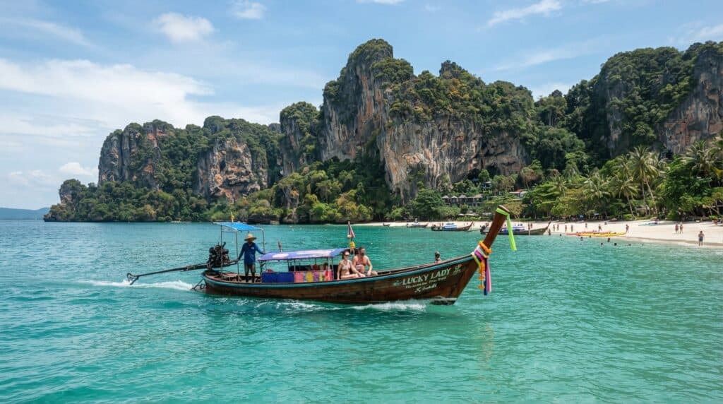 Barca tradicional navegando por la costa de Tailandia