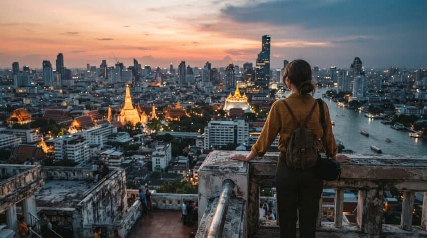 Viajero contemplando Bangkok durante un viaje por Tailandia